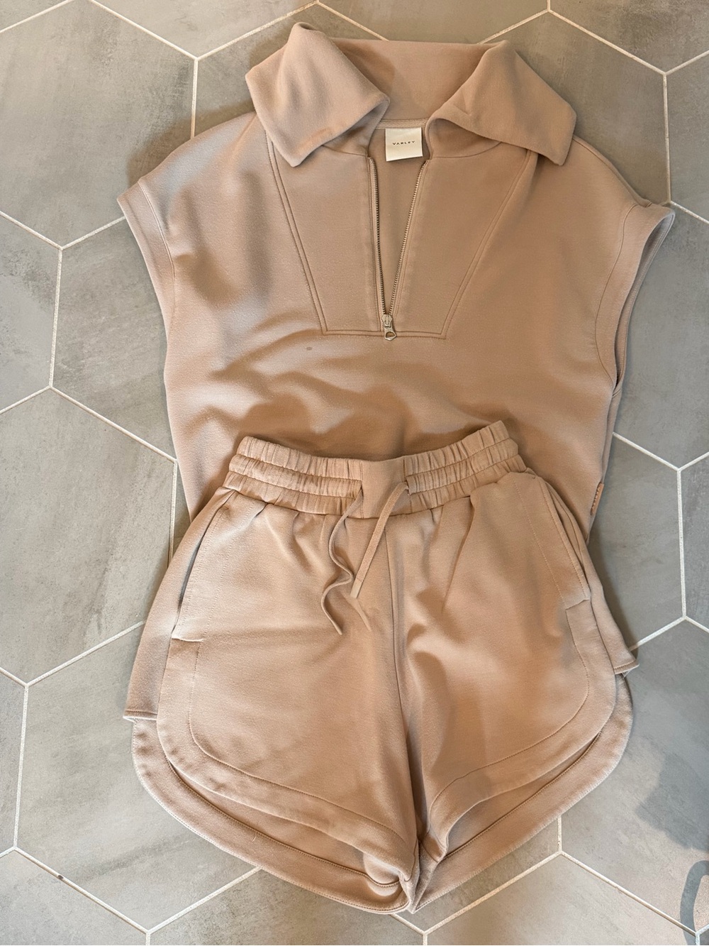 Varley Double Soft Sleeveless Half-Zip Top Shorts Set in Taupe XS/S